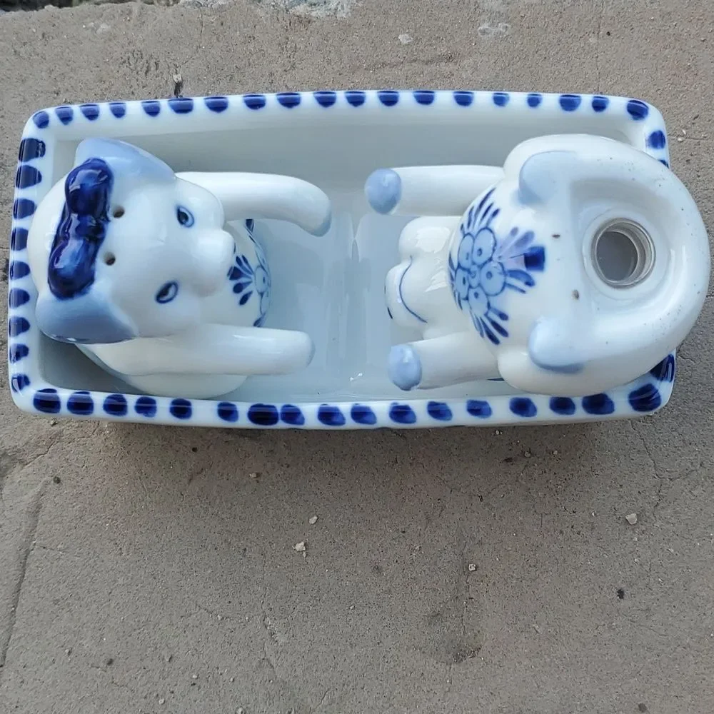 Delft Blue Salt and Pepper Shakers Hand Painted Salt Pepper Pigs in Trough